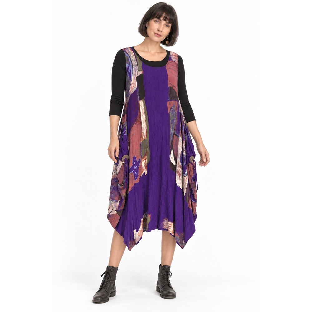 Lagenlook Dress L Purple Abstract Pockets Asymetrical Hem Artsy Boho Oversized